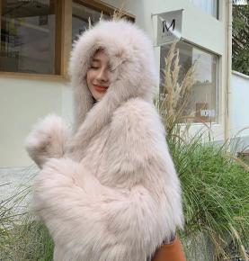 New Fashionable Big White Bear Premium Popular Double sided Woven Women's Hooded Fur Short Coat