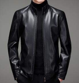 Leather men's middle-aged slim fitting short leather jacket